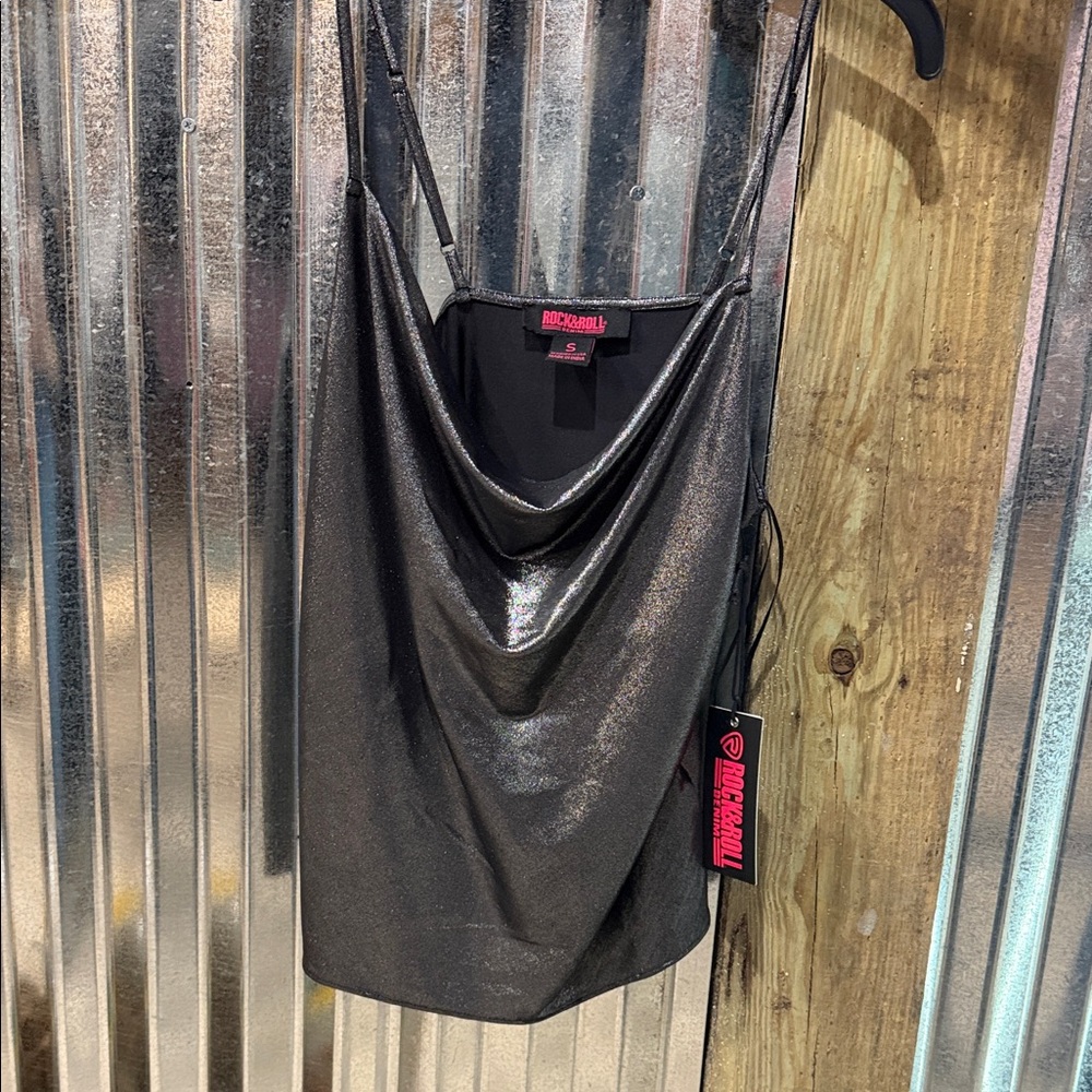 Rock & Roll Cowgirl Metallic Black Cowl Neck Camisole